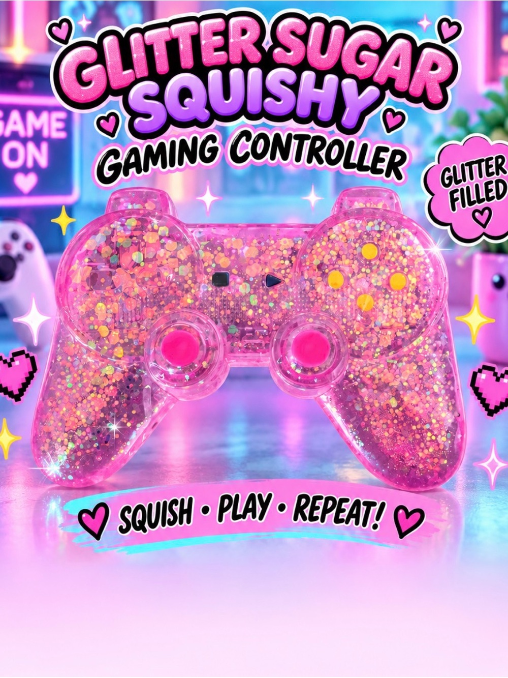 Glitter Sugar Squishy Gaming Controller - Pink Glitter Filled